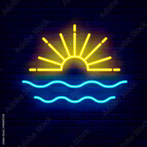 Ocean sunrise neon icon. Shiny sun and water waves logo. Summer concept. Season vacation. Vector stock illustration
