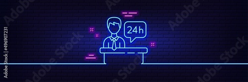 Neon light glow effect. Reception desk line icon. 24 hour help sign. Hotel service symbol. 3d line neon glow icon. Brick wall banner. Reception desk outline. Vector