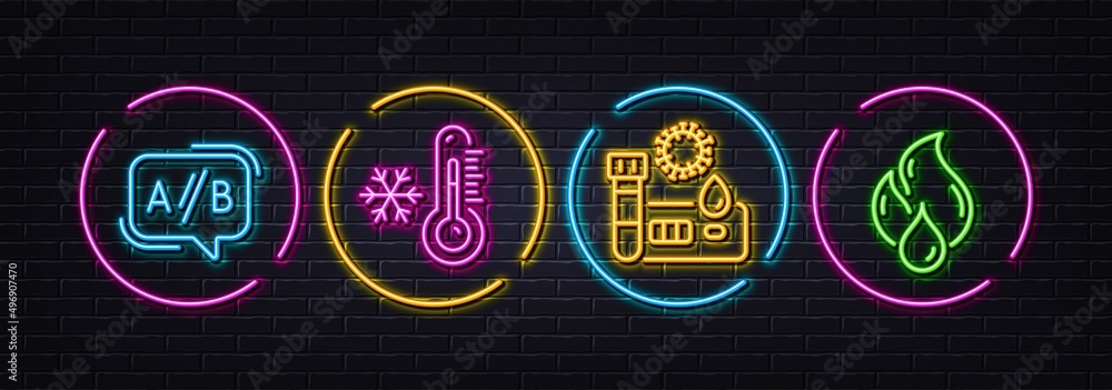 Covid test, Ab testing and Low thermometer minimal line icons. Neon laser 3d lights. Flammable fuel icons. For web, application, printing. Blood testing, Test chat, Temperature control. Vector Covid test, Ab testing and Low thermometer minimal line icons. Neon laser 3d lights. Flammable fuel icons. For web, application, printing. Blood testing, Test chat, Temperature control. Vector