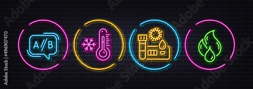 Covid test, Ab testing and Low thermometer minimal line icons. Neon laser 3d lights. Flammable fuel icons. For web, application, printing. Blood testing, Test chat, Temperature control. Vector
