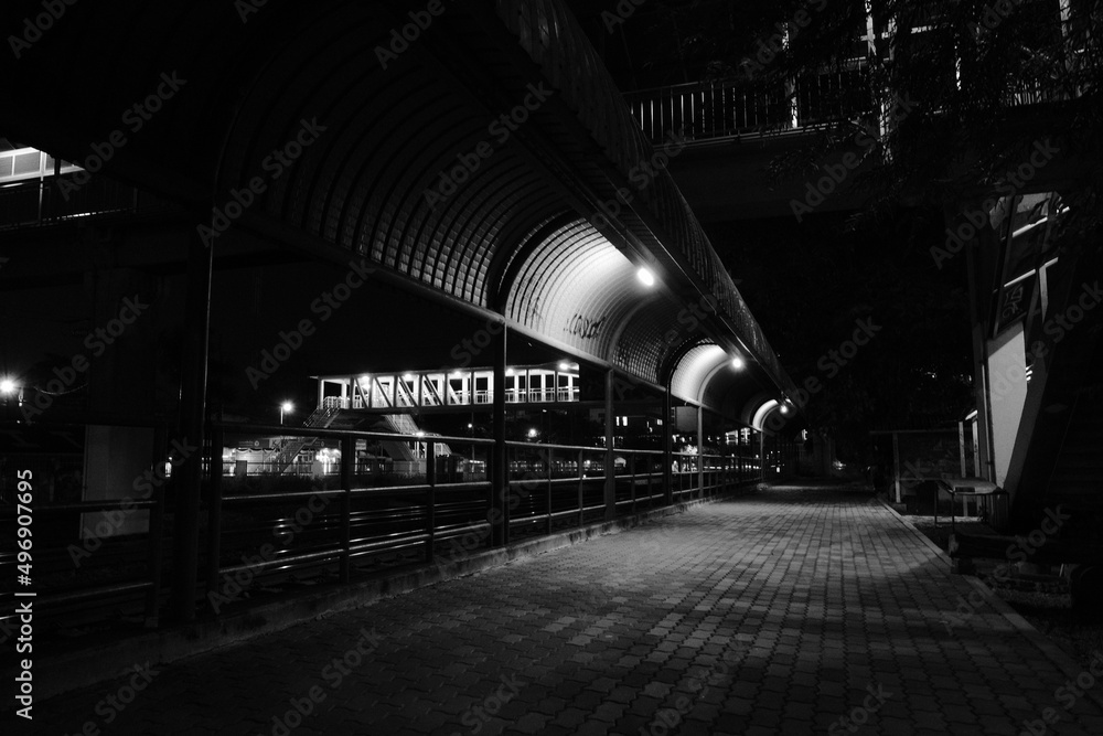 Night walkway black and white lonely tone