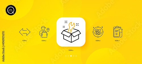 Sync, Medical analyzes and Delivery man minimal line icons. Yellow abstract background. Stress, Spanner icons. For web, application, printing. Synchronize, Medicine results, Courier location. Vector