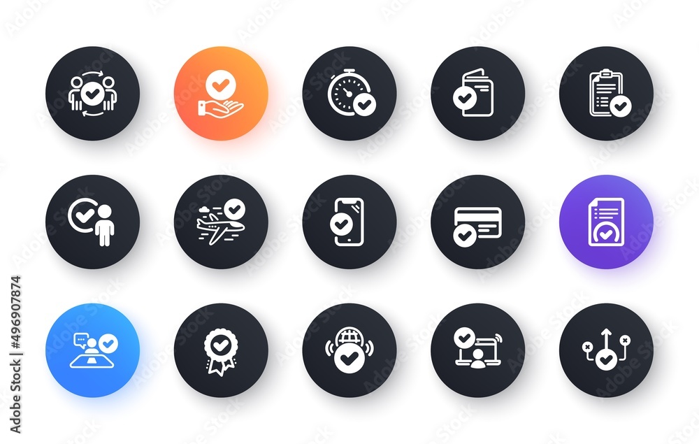 Approve icons set. Accepted document, right choice, interviewed. Quality check, protection, checklist icons. Guarantee document, accepted card, approve verification. Flight confirmed. Vector Approve icons set. Accepted document, right choice, interviewed. Quality check, protection, checklist icons. Guarantee document, accepted card, approve verification. Flight confirmed. Vector