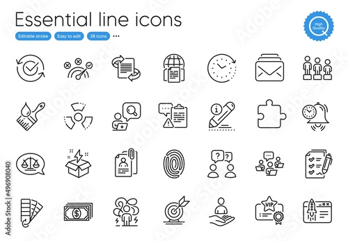 Approved, Clipboard and Difficult stress line icons. Collection of Teamwork, Brush, Justice scales icons. Payment, Equality, Creative idea web elements. Internet documents, Recruitment. Vector