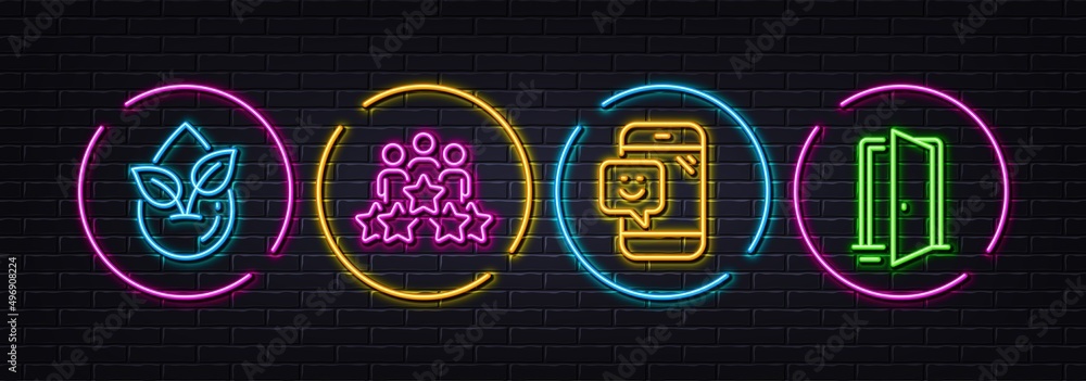 Business meeting, Organic product and Smile minimal line icons. Neon laser 3d lights. Open door icons. For web, application, printing. Rating star, Leaf, Phone feedback. Entrance. Vector
