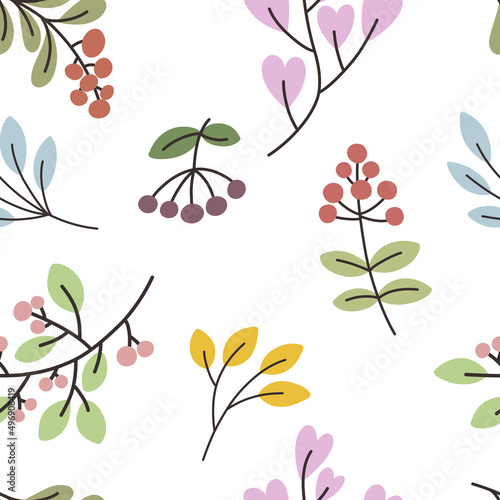 Seamless handmade pattern of twigs with leaves and berries. Vector pattern. Great print for clothes, covers, wrapping paper.