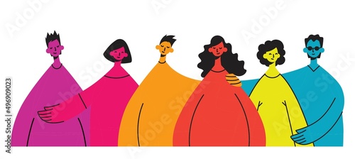Crowd of happy diverse hugging people. Concept of friendship day, unity. Celebration or congratulation of multiracial students or friends.