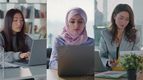 Multiscreen of diverse multi-ethnic young women working by portable laptops cooperating in workspace communicating online. Businesswomen concept.