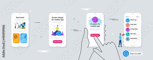 Set of Breathing exercise, Check article and Thermometer line icons. Phone ui interface. Include Vaccine announcement, Coronavirus vaccine, Alcohol addiction icons. Organic tested, Dot plot. Vector