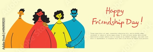 Crowd of happy diverse hugging people. Concept of friendship day, unity. Celebration or congratulation of multiracial students or friends.