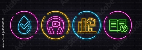 Decreasing graph, Dermatologically tested and Headphones minimal line icons. Neon laser 3d lights. Help icons. For web, application, printing. Column chart, Organic, Video camera. Vector