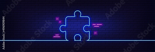 Neon light glow effect. Puzzle piece line icon. Jigsaw game shape sign. Business strategy element. 3d line neon glow icon. Brick wall banner. Puzzle outline. Vector