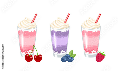 Milkshake set. Vector cartoon illustration of berry cocktail with whipped cream in glass cup. Summer drink flat icon. Blueberry, raspberry and cherry dairy dessert.