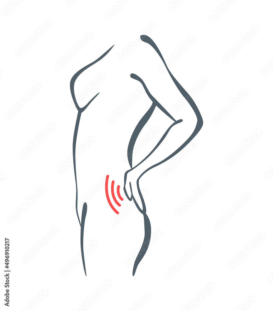 Naklejka premium Body part pain. Woman feels pain in back marked with red lines. Vector foci of pain or trauma symbols, grey art line illustration
