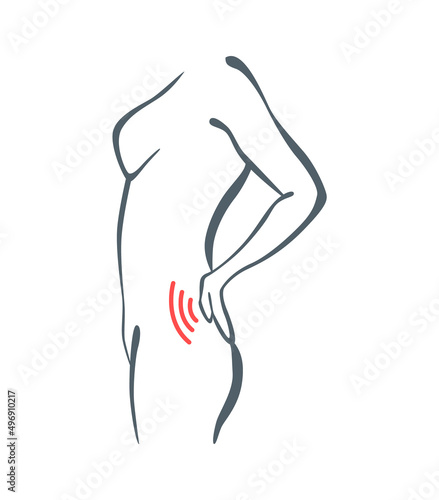 Body part pain. Woman feels pain in back marked with red lines. Vector foci of pain or trauma symbols, grey art line illustration