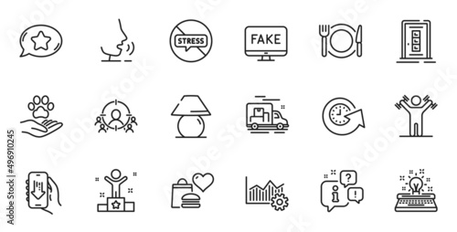 Outline set of Download app, Winner and Stop stress line icons for web application. Talk, information, delivery truck outline icon. Vector