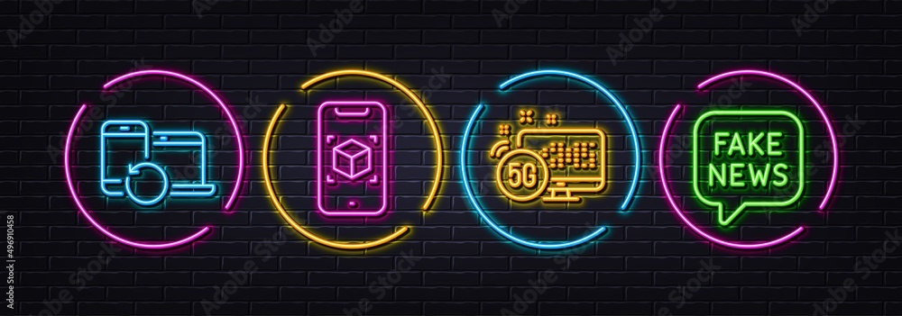 Augmented reality, 5g internet and Recovery devices minimal line icons. Neon laser 3d lights. Fake news icons. For web, application, printing. Phone simulation, Wifi connection, Backup data. Vector