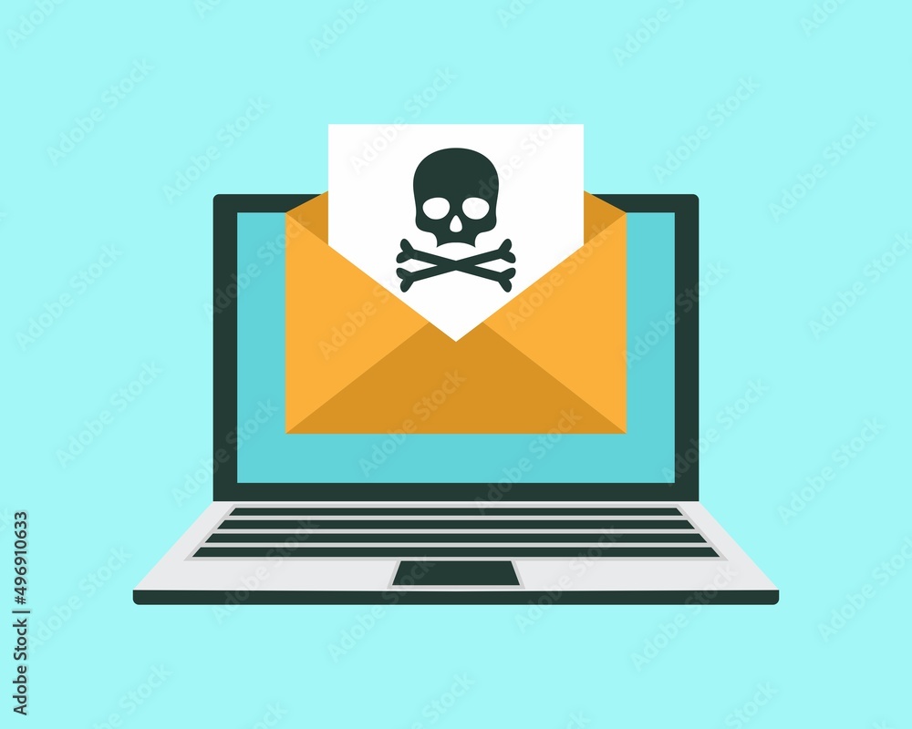 Envelope with skullon the laptop screen. Concept of virus, piracy, hacking and security. White skull with crossbones on black sheet. Envelope with skullon the laptop screen. Concept of virus, piracy, hacking and security. White skull with crossbones on black sheet.