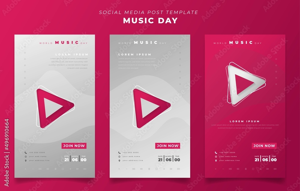 Set of social media post template in portrait background with feminine design for world music day Set of social media post template in portrait background with feminine design for world music day