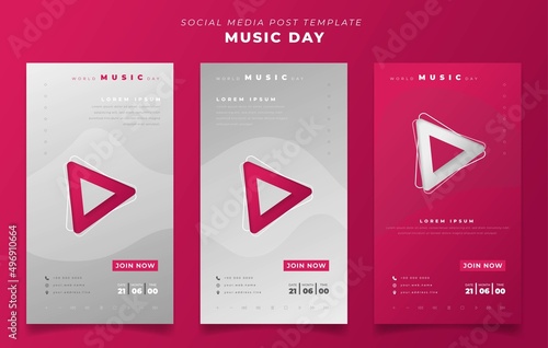 Set of social media post template in portrait background with feminine design for world music day