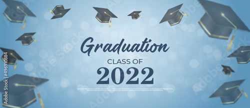 Realistic banner graduation background with flying graduation cap