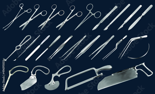 Surgical instruments set. Tweezers, scalpels, saws. Liston's knife, clamp, scissors, Folkman hook, Meyer forceps, needle, Langenbek saw, brain knife, Abraham knife, Bergman Engel Plaster saws. Vector