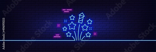 Neon light glow effect. Fireworks stars line icon. Pyrotechnic salute sign. Carnival celebration lights symbol. 3d line neon glow icon. Brick wall banner. Fireworks stars outline. Vector