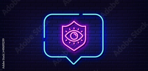 Neon light speech bubble. Eye protection line icon. Oculist clinic sign. Optometry vision symbol. Neon light background. Eye protection glow line. Brick wall banner. Vector