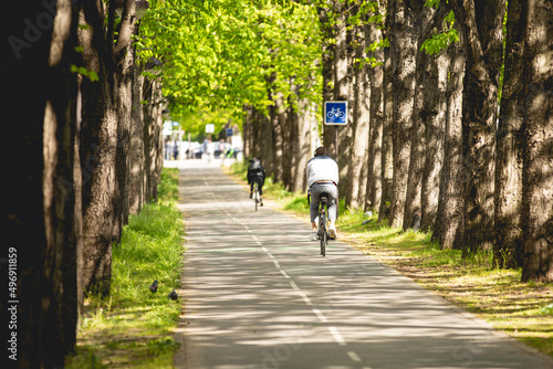 Canvastavla Homme en train de faire du vélo sur une piste cyclable dans Paris