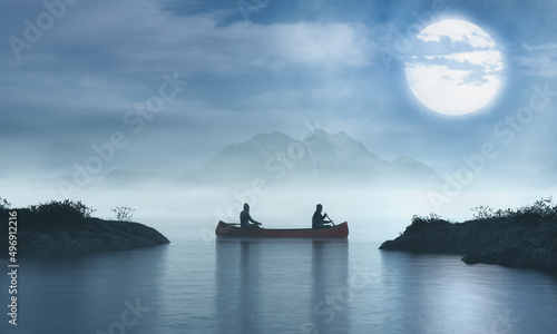 Couple adventurous people on red canoe paddling in calm water. Night with Moon