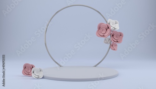 Podium, stand, showcase on pastel light, nude  background and flowers. for premium product with nature plant, leaves.3d render.