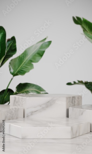 Podium, stand, showcase on pastel light, nude  background and flowers. for premium product with nature plant, leaves.3d render.