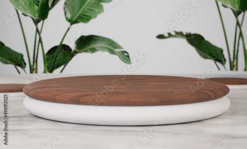 Podium, stand, showcase on pastel light, nude  background and flowers. for premium product with nature plant, leaves.3d render.