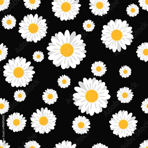 White chamomile flower on black background, seamless vector pattern.