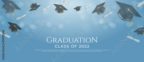 Realistic banner graduation flying caps with paper certificate