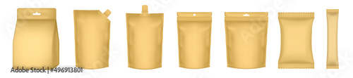 Set of realistic doy pack mockups. Gold flow pack, sachet, zip bag, and doypack. Ice cream wrapper. Golden sheet mask sachet. Tea, sause, or candy packaging. Laundry detergent bag
