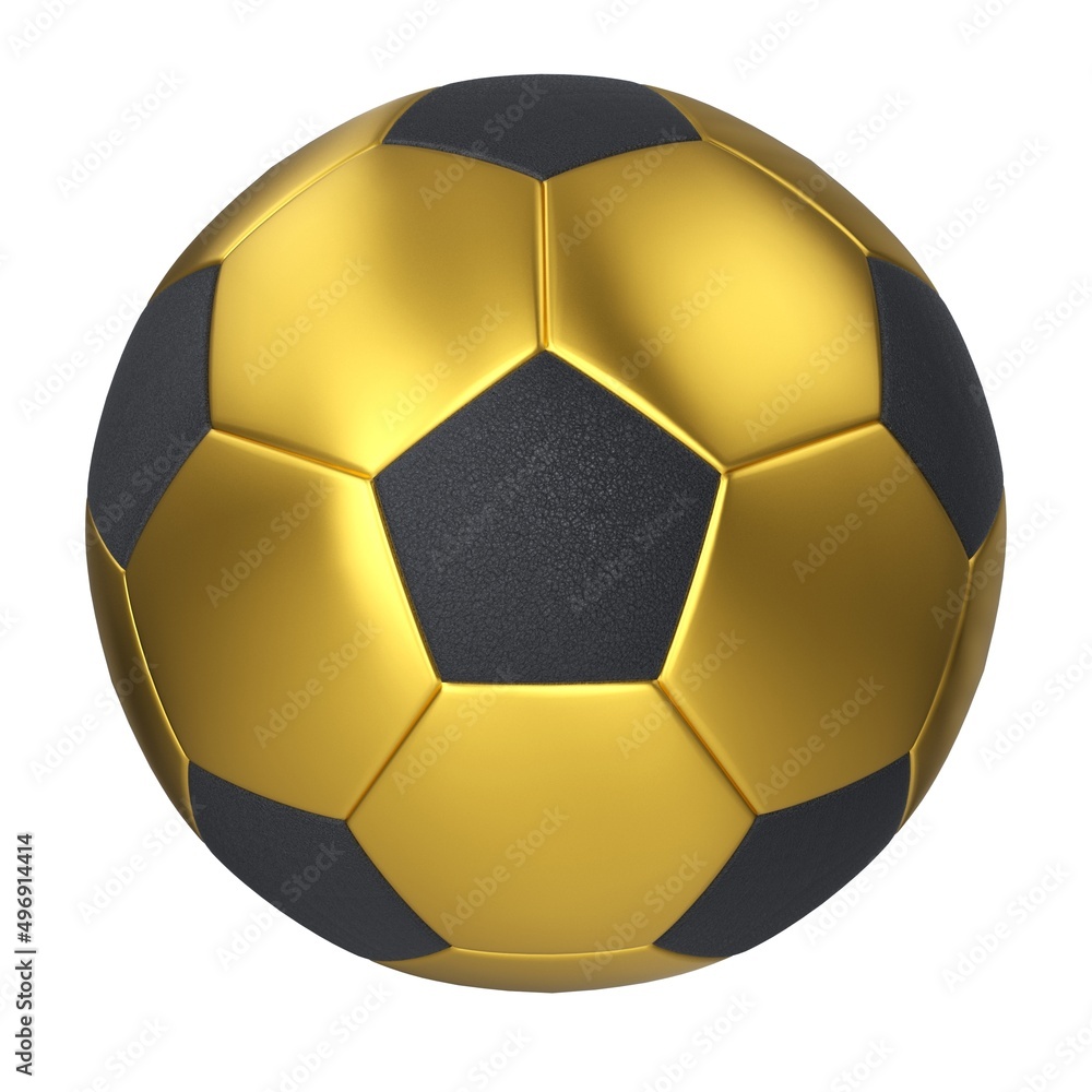Golden football ball with black patches on white background. Leather
