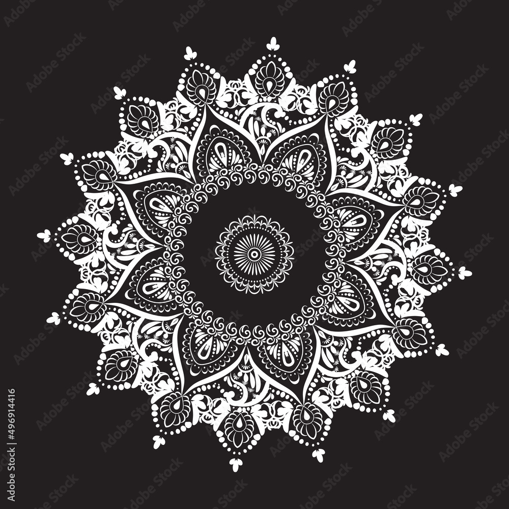 mandala, white circle on black background, symbol, indian pattern,