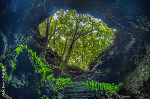 Steep staircase leading to gruta das torres cave at Pico island, Azores, Portugal