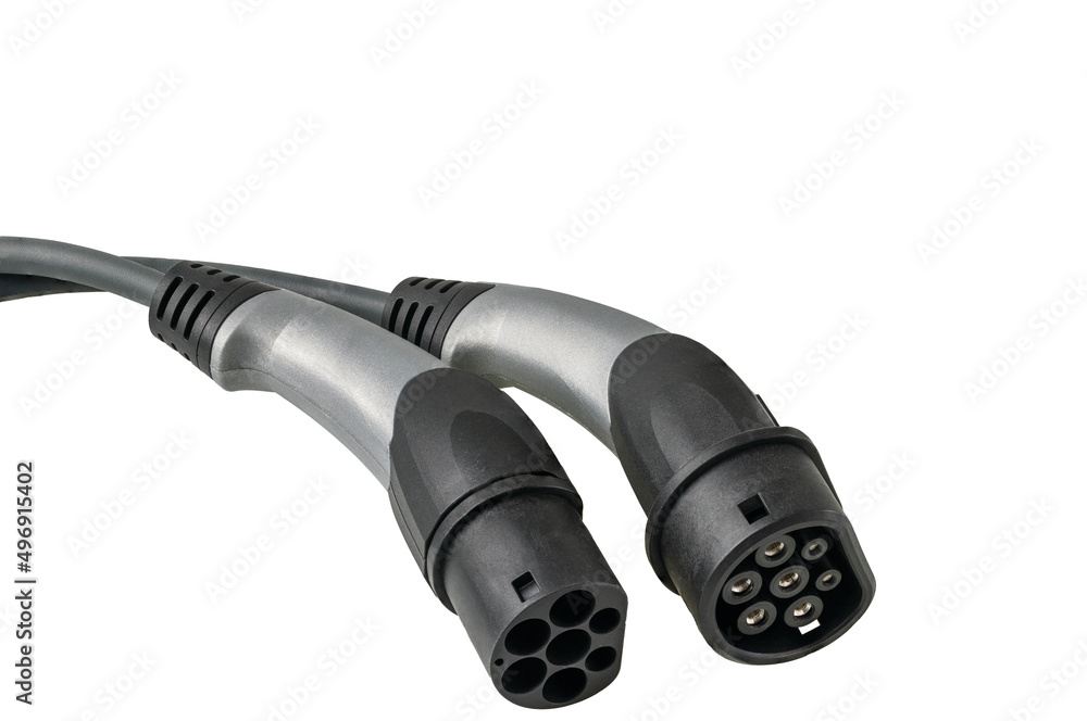 Close up view of electric vehicle charging cable for outdoor use with 20A 480V 3 phase plug isolated on white background. Sweden. Close up view of electric vehicle charging cable for outdoor use with 20A 480V 3 phase plug isolated on white background. Sweden.