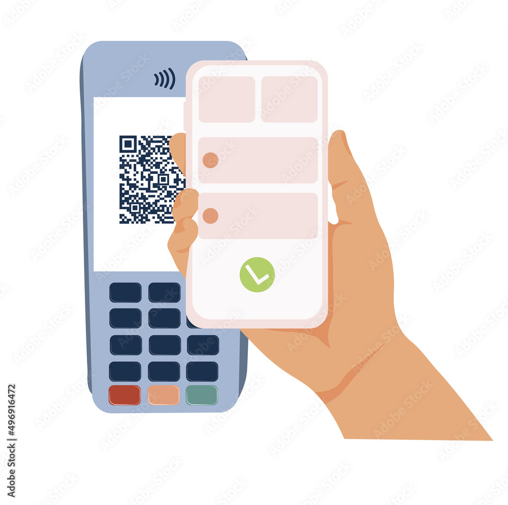 Online shopping concept vector stock illustration. Qr code payment. A hand with a smartphone pays for a purchase through a POS terminal. Isolated on a white background. Online shopping concept vector stock illustration. Qr code payment. A hand with a smartphone pays for a purchase through a POS terminal. Isolated on a white background.
