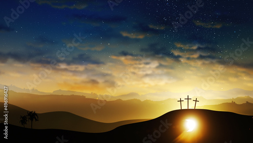 Slika na platnu Three crosses on the hill and Jesus tomb with clouds moving on the starry sky