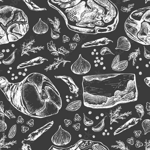 meat and spices, seamless pattern for cooking meat, onion, garlic, pepper, rosemary, cilantro, lemon, chalk graphic seamless pattern on a gray background