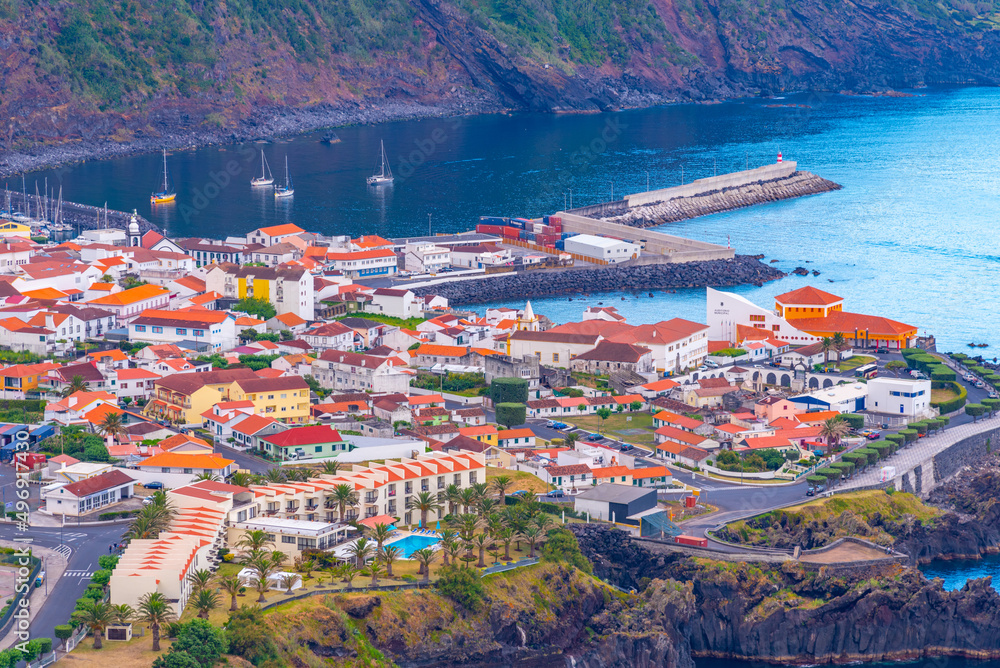 Aerial view of Velas town at Sao Jorge island in Portugal