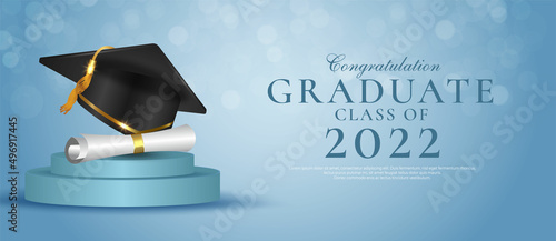 Realistic banner Class of 2022 graduation with graduation cap on the podium