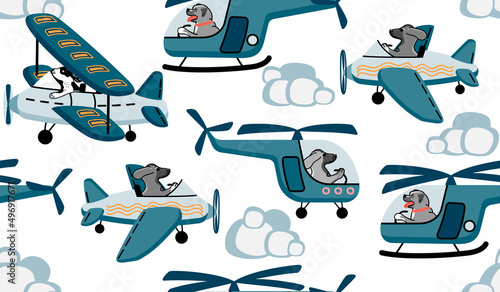 Seamless pattern with airplanes and helicopters and dog pilots in cartoon.Childish background and texture for printing on fabrics and paper.Hand drawn vector isolated illustration for design card.
