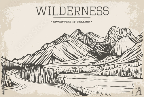 Rocky mountains wilderness adventure line art illustration