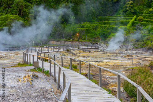 Fumaroles at Furnas lake at Sao Miguel island, Portugal photo