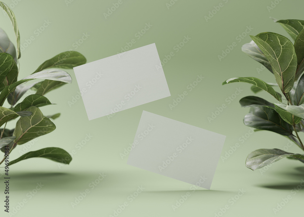 Blank white business cards with plants on green background. Mock up for branding identity. Two cards, to show both sides. Template for graphic designers. Free, copy space. 3D rendering. Blank white business cards with plants on green background. Mock up for branding identity. Two cards, to show both sides. Template for graphic designers. Free, copy space. 3D rendering.