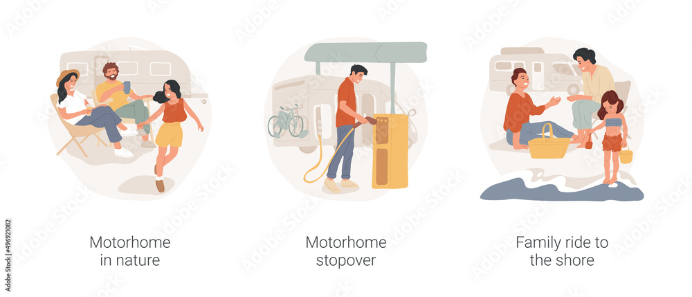 Motorhome ride isolated cartoon vector illustration set. Stopover in nature, relaxing on the way, having rest in folding chairs, family travel by camper van, stop at the lake vector cartoon.